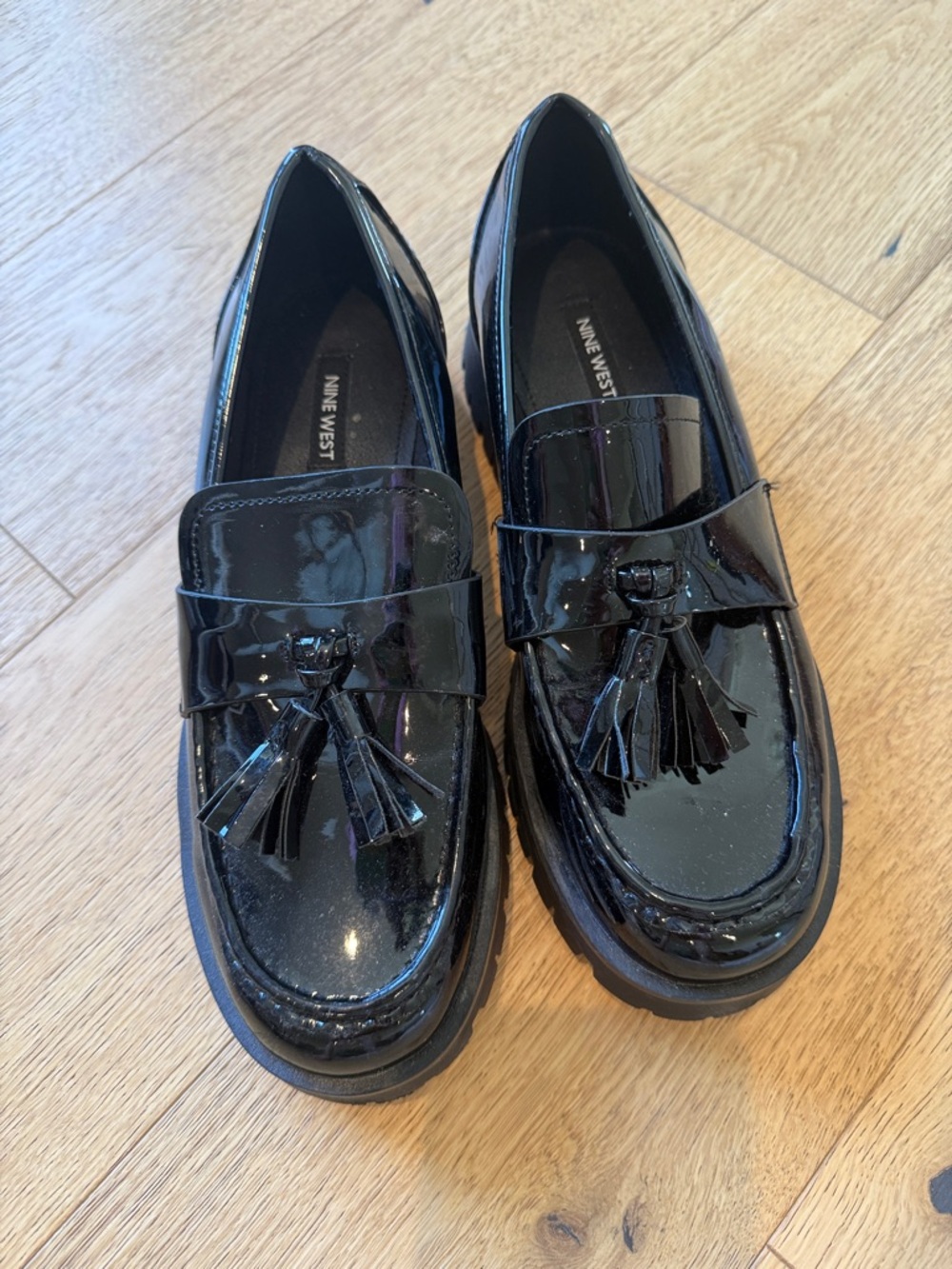 Nine West Black Patent Tassel Loafers with Chunky Sole